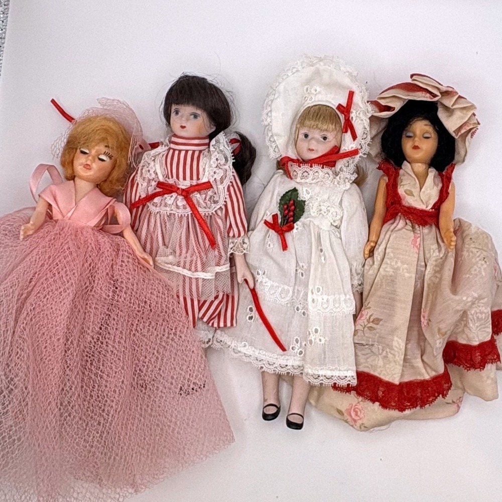 Vtg Coquette Doll Lot Porcelain Bisque Pink Tulle MCM Decor‎ Cottagecore 4pc